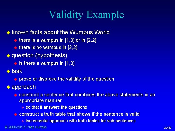 Validity Example u known u u facts about the Wumpus World there is a