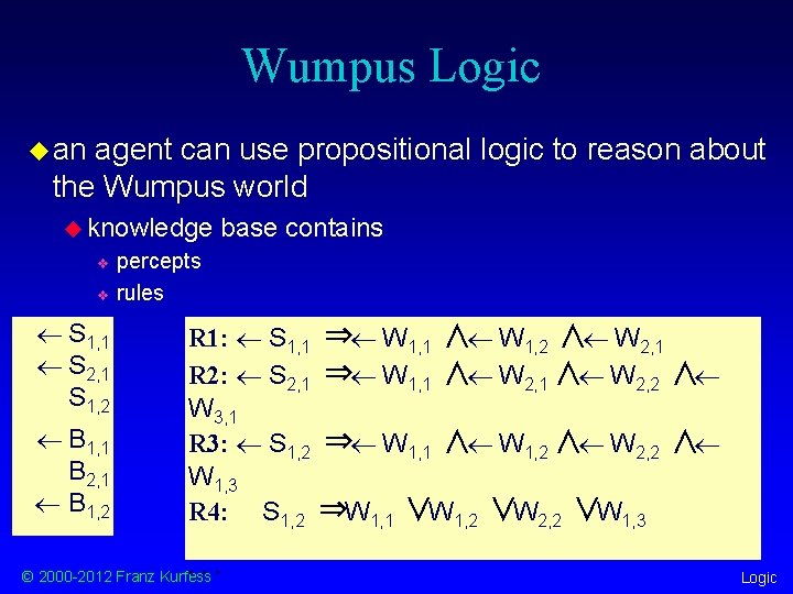 Wumpus Logic u an agent can use propositional logic to reason about the Wumpus