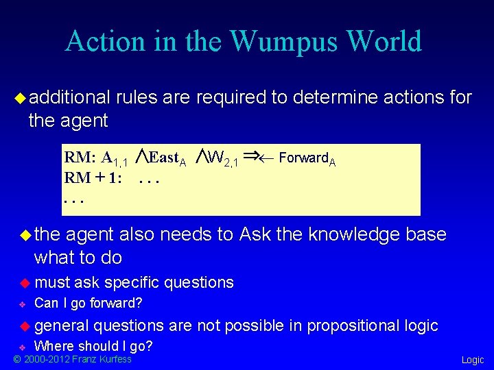 Action in the Wumpus World u additional rules are required to determine actions for