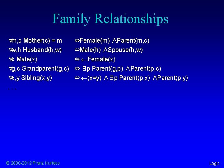 Family Relationships ∀m, c Mother(c) = m ∀w, h Husband(h, w) ⇔Female(m) ∧Parent(m, c)