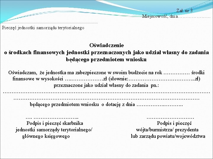  Zał. nr 3 Miejscowość, dnia…………………. . . . . Pieczęć jednostki samorządu terytorialnego