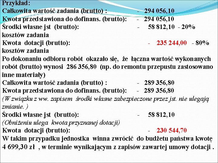 Przykład: Całkowita wartość zadania (brutto) : - 294 056, 10 Kwota przedstawiona do dofinans.