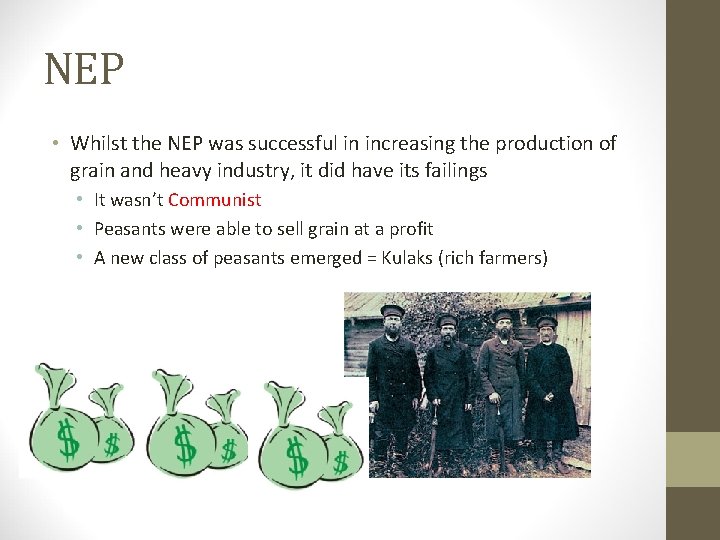 NEP • Whilst the NEP was successful in increasing the production of grain and