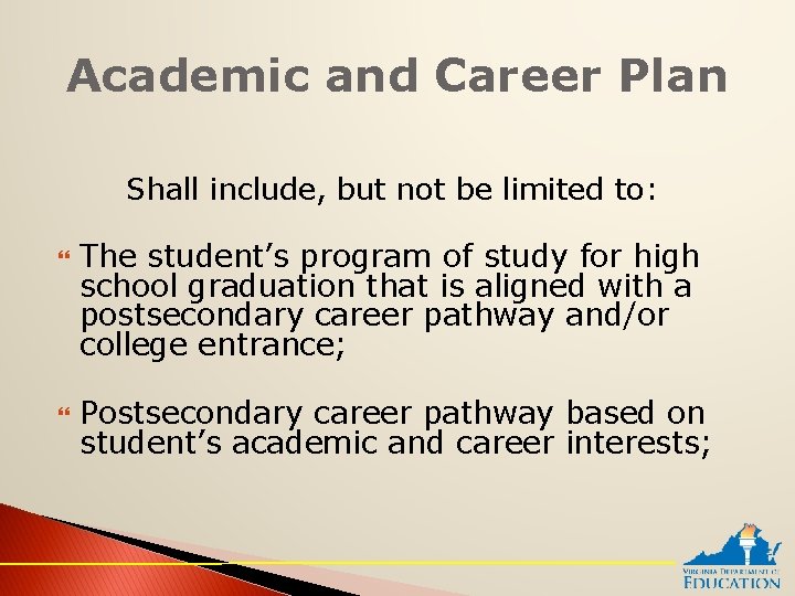 Academic and Career Plan Shall include, but not be limited to: The student’s program