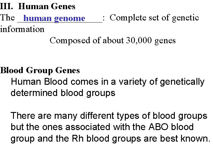 III. Human Genes The _________: Complete set of genetic human genome information Composed of