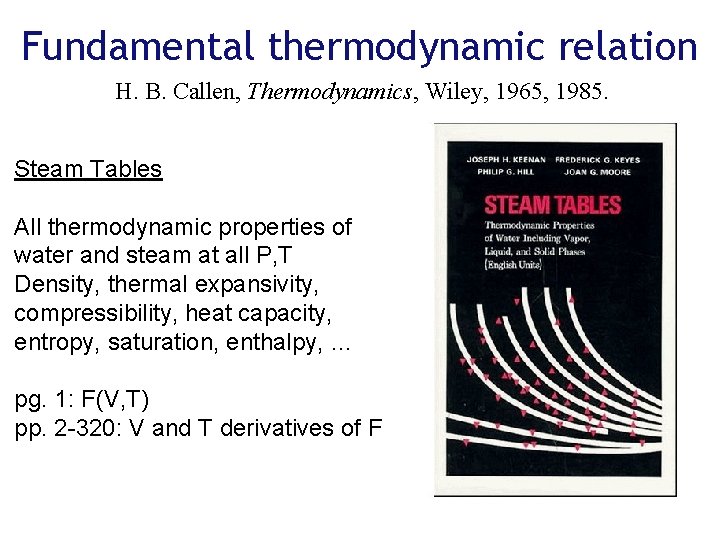 Fundamental thermodynamic relation H. B. Callen, Thermodynamics, Wiley, 1965, 1985. Steam Tables All thermodynamic