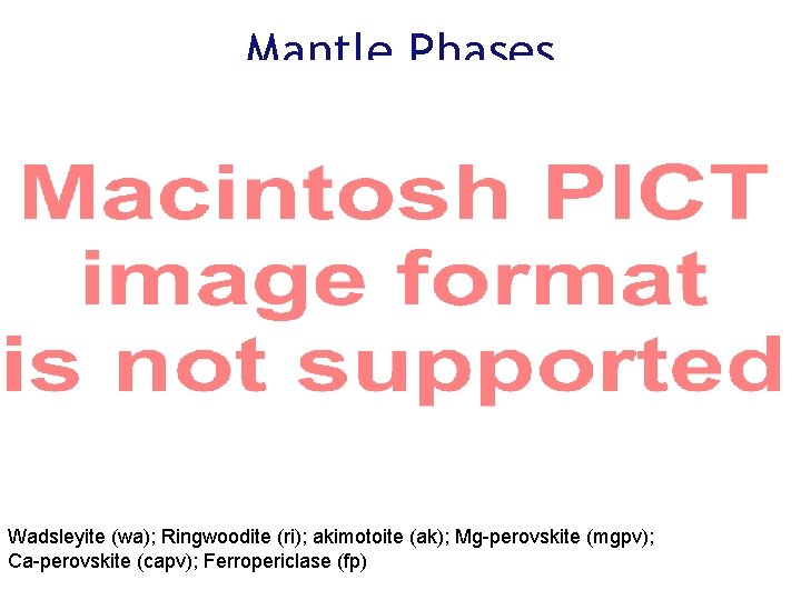 Mantle Phases Wadsleyite (wa); Ringwoodite (ri); akimotoite (ak); Mg-perovskite (mgpv); Ca-perovskite (capv); Ferropericlase (fp)