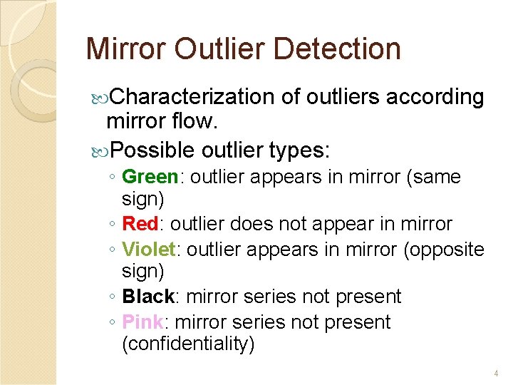 Mirror Outlier Detection Characterization of outliers according mirror flow. Possible outlier types: ◦ Green: