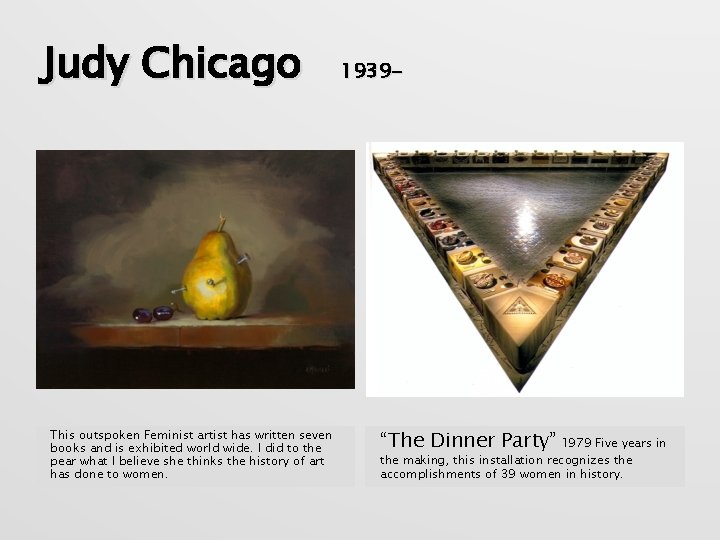 Judy Chicago This outspoken Feminist artist has written seven books and is exhibited world