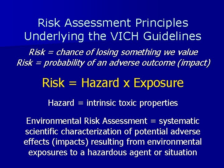 Risk Assessment Principles Underlying the VICH Guidelines Risk = chance of losing something we