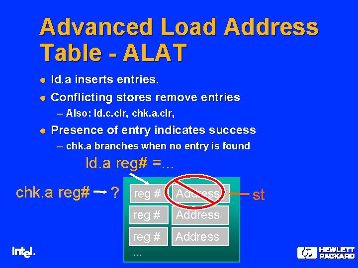 Advanced Load Address Table - ALAT l l ld. a inserts entries. Conflicting stores