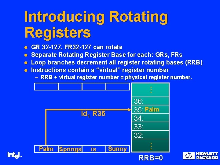 Introducing Rotating Registers l l GR 32 -127, FR 32 -127 can rotate Separate Introducing Rotating Registers l l GR 32 -127, FR 32 -127 can rotate Separate