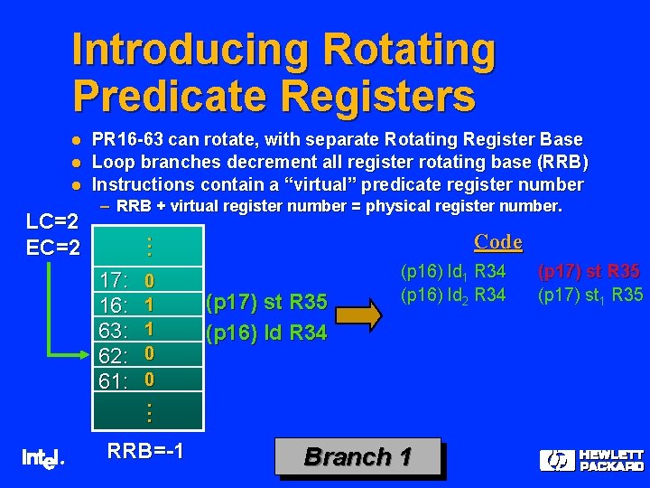 Introducing Rotating Predicate Registers l l l LC=2 EC=2 ® PR 16 -63 can