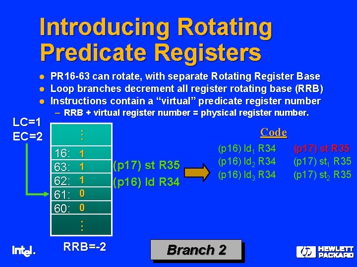 Introducing Rotating Predicate Registers l l l LC=1 EC=2 ® PR 16 -63 can