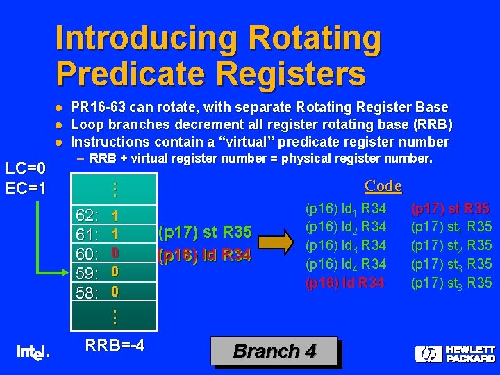 Introducing Rotating Predicate Registers l l l LC=0 EC=1 ® PR 16 -63 can