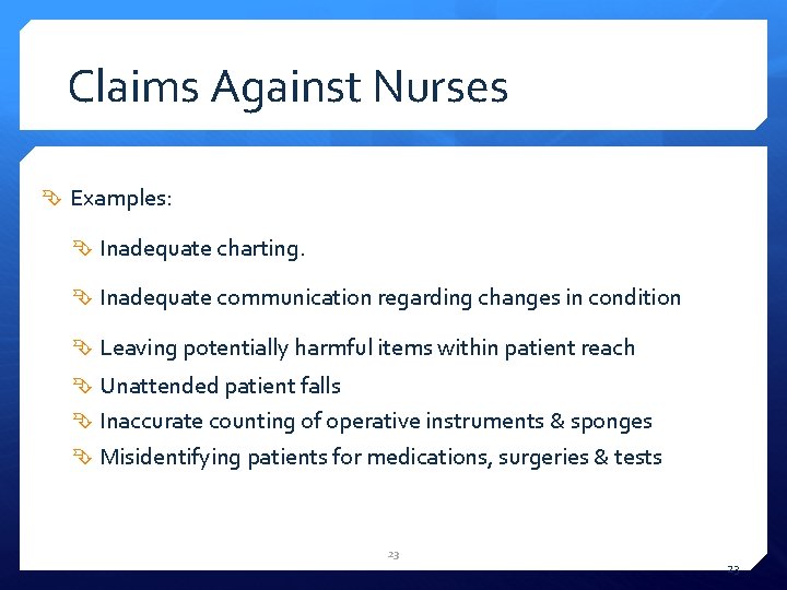 Claims Against Nurses Examples: Inadequate charting. Inadequate communication regarding changes in condition Leaving potentially