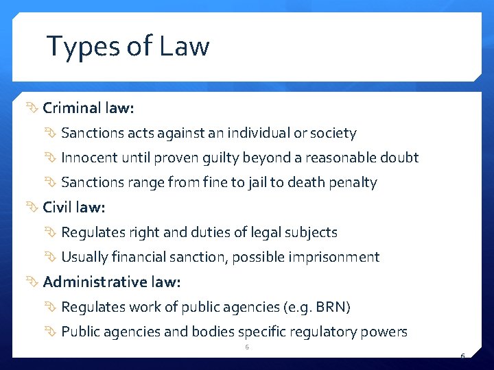 Types of Law Criminal law: Sanctions acts against an individual or society Innocent until