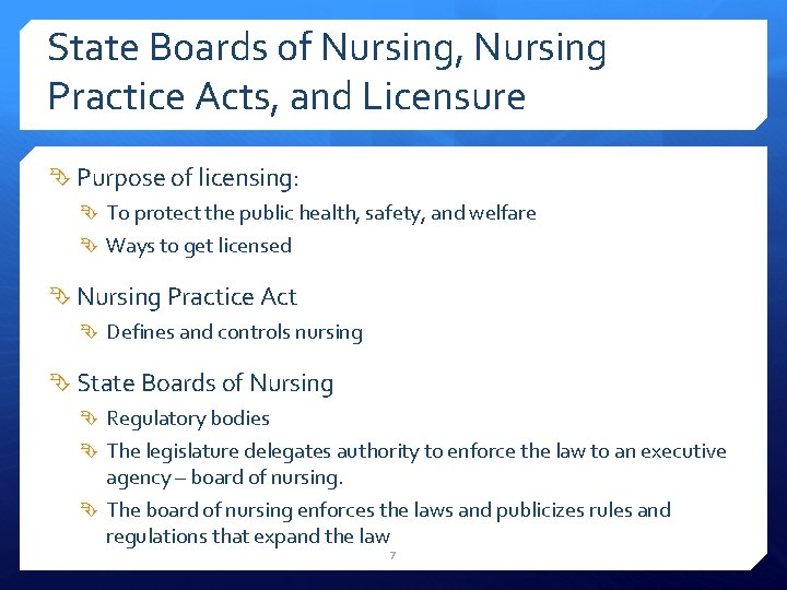 State Boards of Nursing, Nursing Practice Acts, and Licensure Purpose of licensing: To protect