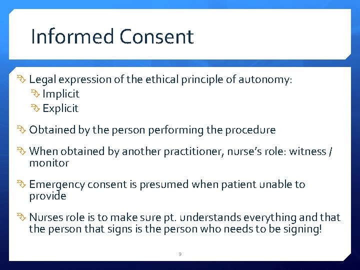 Informed Consent Legal expression of the ethical principle of autonomy: Implicit Explicit Obtained by