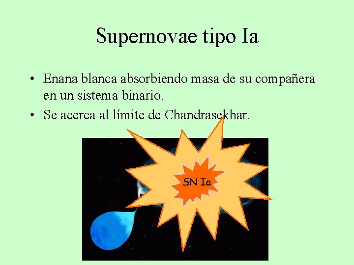 Supernovae tipo Ia • Enana blanca absorbiendo masa de su compañera en un sistema