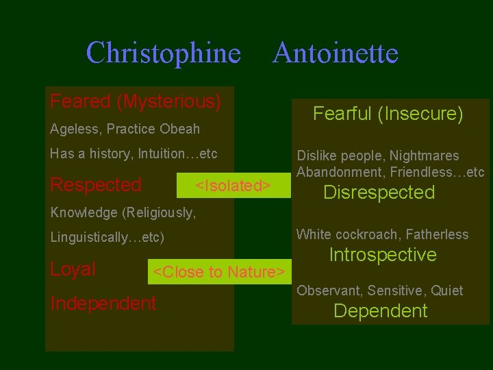 Christophine Antoinette Feared (Mysterious) Ageless, Practice Obeah Has a history, Intuition…etc Respected <Isolated> Fearful