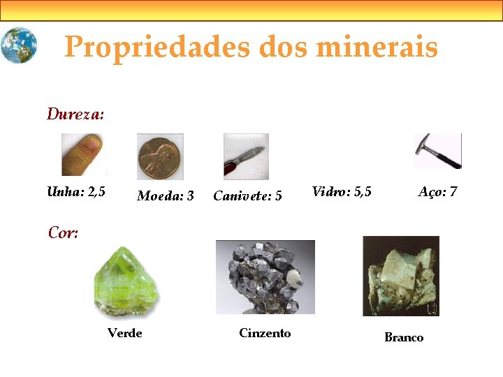 Propriedades dos minerais Dureza: Unha: 2, 5 Moeda: 3 Canivete: 5 Vidro: 5, 5