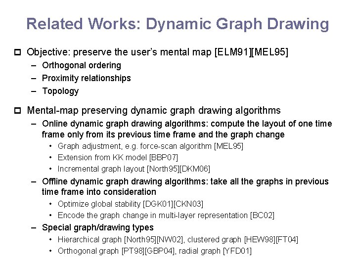 Related Works: Dynamic Graph Drawing p Objective: preserve the user’s mental map [ELM 91][MEL