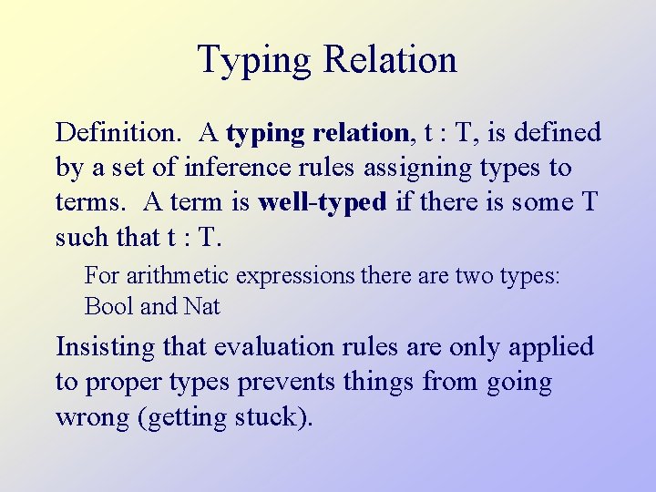 Typing Relation Definition. A typing relation, t : T, is defined by a set