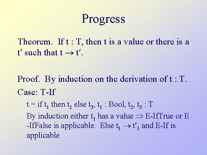 Progress Theorem. If t : T, then t is a value or there is