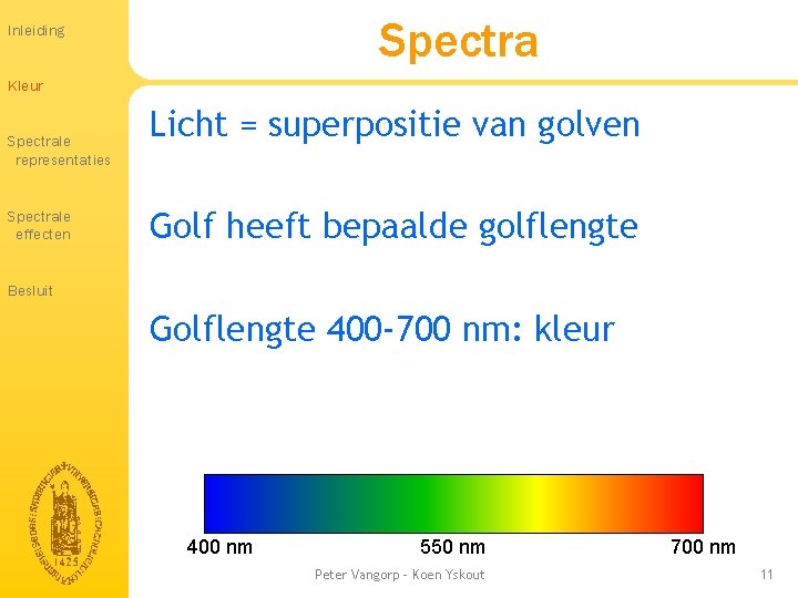 Spectra Inleiding Kleur Spectrale representaties Spectrale effecten Licht = superpositie van golven Golf heeft Spectra Inleiding Kleur Spectrale representaties Spectrale effecten Licht = superpositie van golven Golf heeft