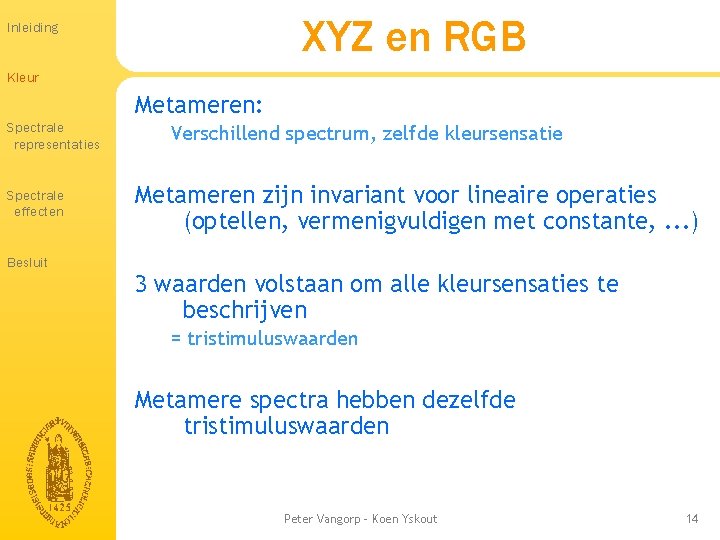 XYZ en RGB Inleiding Kleur Metameren: Spectrale representaties Spectrale effecten Besluit Verschillend spectrum, zelfde XYZ en RGB Inleiding Kleur Metameren: Spectrale representaties Spectrale effecten Besluit Verschillend spectrum, zelfde