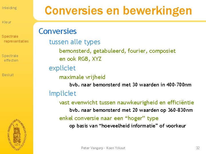 Inleiding Conversies en bewerkingen Kleur Spectrale representaties Spectrale effecten Conversies tussen alle types bemonsterd, Inleiding Conversies en bewerkingen Kleur Spectrale representaties Spectrale effecten Conversies tussen alle types bemonsterd,