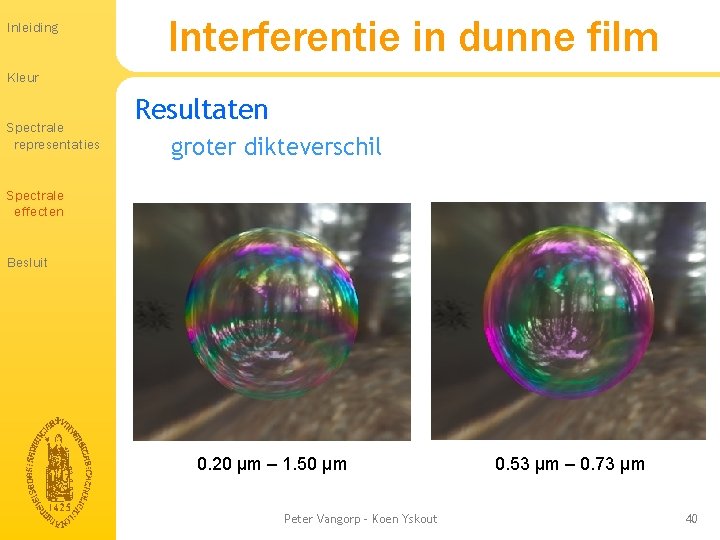 Inleiding Interferentie in dunne film Kleur Spectrale representaties Resultaten groter dikteverschil Spectrale effecten Besluit Inleiding Interferentie in dunne film Kleur Spectrale representaties Resultaten groter dikteverschil Spectrale effecten Besluit