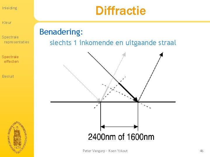 Diffractie Inleiding Kleur Spectrale representaties Benadering: slechts 1 inkomende en uitgaande straal Spectrale effecten Diffractie Inleiding Kleur Spectrale representaties Benadering: slechts 1 inkomende en uitgaande straal Spectrale effecten