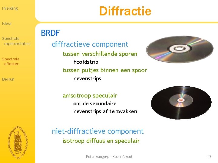 Diffractie Inleiding Kleur Spectrale representaties Spectrale effecten BRDF diffractieve component tussen verschillende sporen hoofdstrip Diffractie Inleiding Kleur Spectrale representaties Spectrale effecten BRDF diffractieve component tussen verschillende sporen hoofdstrip