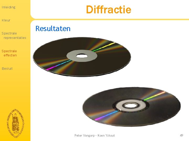 Diffractie Inleiding Kleur Spectrale representaties Resultaten Spectrale effecten Besluit Peter Vangorp - Koen Yskout Diffractie Inleiding Kleur Spectrale representaties Resultaten Spectrale effecten Besluit Peter Vangorp - Koen Yskout
