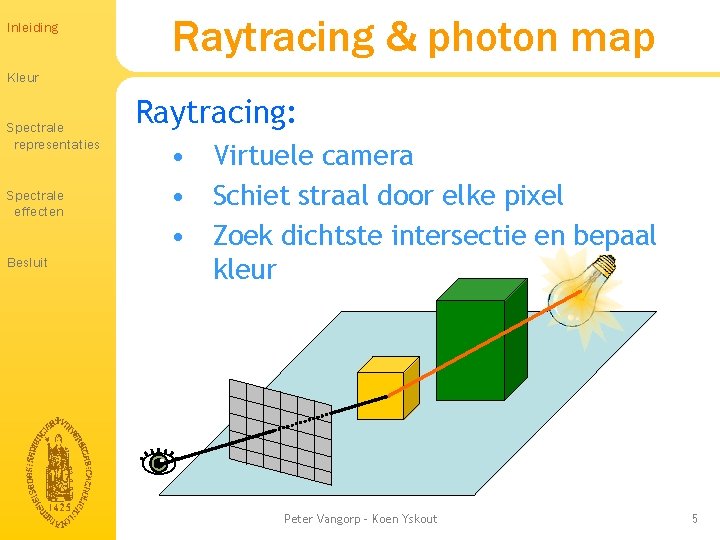 Inleiding Raytracing & photon map Kleur Spectrale representaties Spectrale effecten Besluit Raytracing: • Virtuele Inleiding Raytracing & photon map Kleur Spectrale representaties Spectrale effecten Besluit Raytracing: • Virtuele