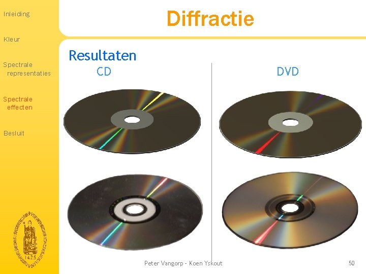 Diffractie Inleiding Kleur Spectrale representaties Resultaten CD DVD Spectrale effecten Besluit Peter Vangorp - Diffractie Inleiding Kleur Spectrale representaties Resultaten CD DVD Spectrale effecten Besluit Peter Vangorp -