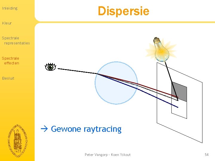 Inleiding Dispersie Kleur Spectrale representaties Spectrale effecten Besluit Gewone raytracing Peter Vangorp - Koen Inleiding Dispersie Kleur Spectrale representaties Spectrale effecten Besluit Gewone raytracing Peter Vangorp - Koen
