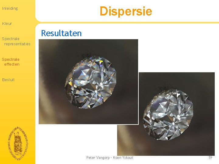 Dispersie Inleiding Kleur Spectrale representaties Resultaten Spectrale effecten Besluit Peter Vangorp - Koen Yskout Dispersie Inleiding Kleur Spectrale representaties Resultaten Spectrale effecten Besluit Peter Vangorp - Koen Yskout