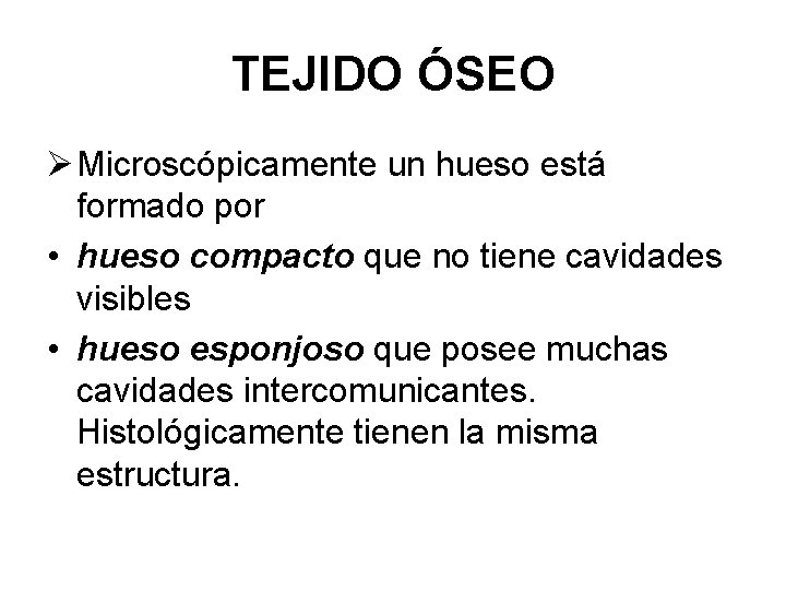 TEJIDO ÓSEO Ø Microscópicamente un hueso está formado por • hueso compacto que no