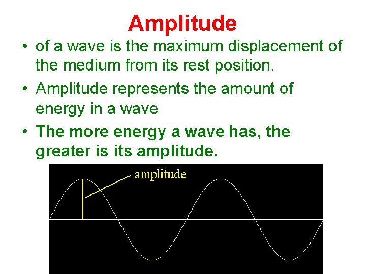 Amplitude • of a wave is the maximum displacement of the medium from its