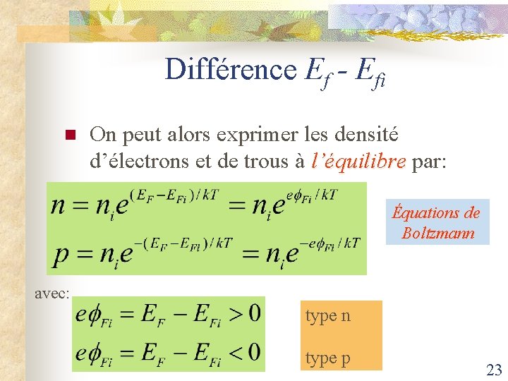 Différence Ef - Efi n On peut alors exprimer les densité d’électrons et de