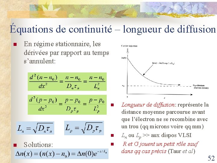 Équations de continuité – longueur de diffusion n En régime stationnaire, les dérivées par