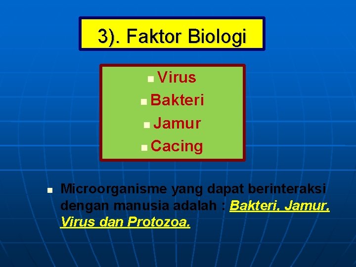 3). Faktor Biologi Virus Bakteri Jamur Cacing Microorganisme yang dapat berinteraksi dengan manusia adalah