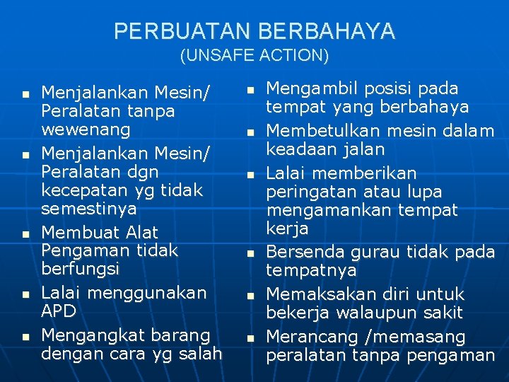 PERBUATAN BERBAHAYA (UNSAFE ACTION) Menjalankan Mesin/ Peralatan tanpa wewenang Menjalankan Mesin/ Peralatan dgn kecepatan