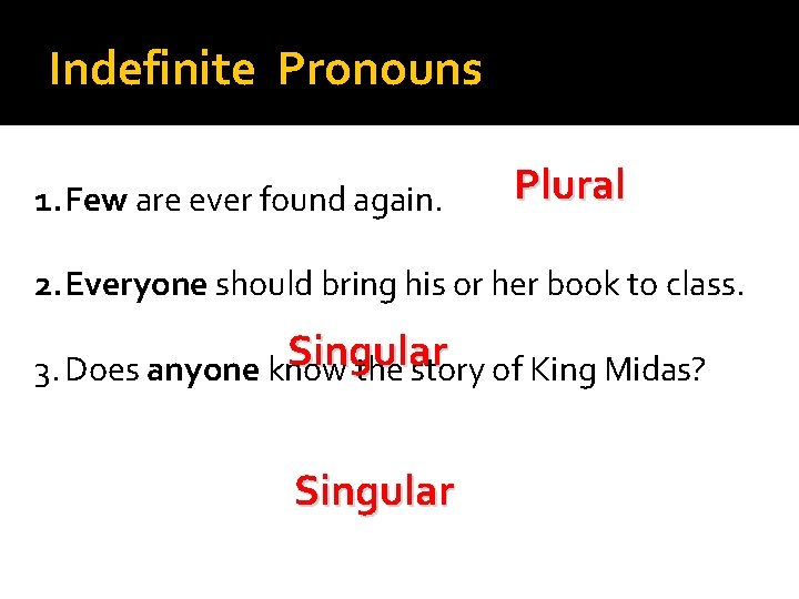 Indefinite Pronouns 1. Few are ever found again. Plural 2. Everyone should bring his