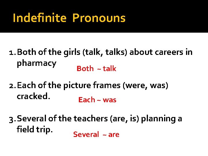 Indefinite Pronouns 1. Both of the girls (talk, talks) about careers in pharmacy Both