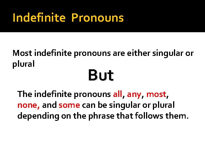 Indefinite Pronouns Most indefinite pronouns are either singular or plural But The indefinite pronouns