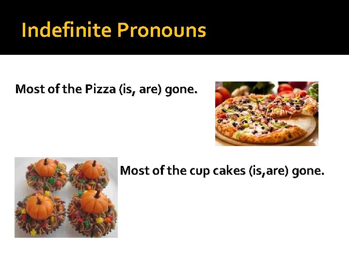 Indefinite Pronouns Most of the Pizza (is, are) gone. Most of the cup cakes